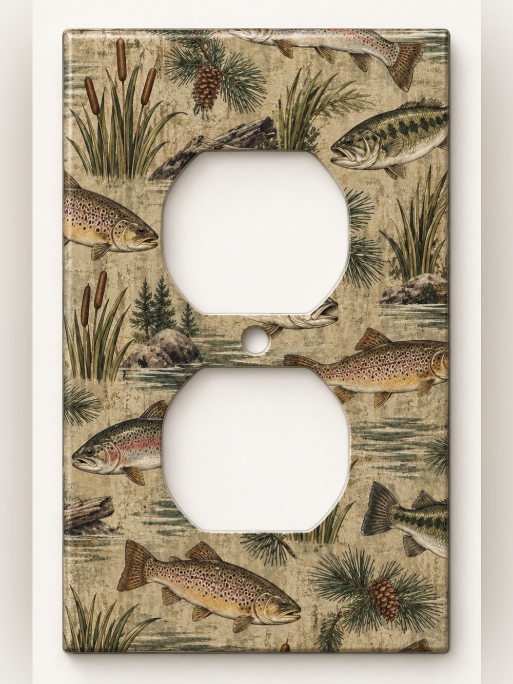 Rustic Trout Bass Fishing Lodge Lake Cabin Duplex Outlet Wall Plate Cover